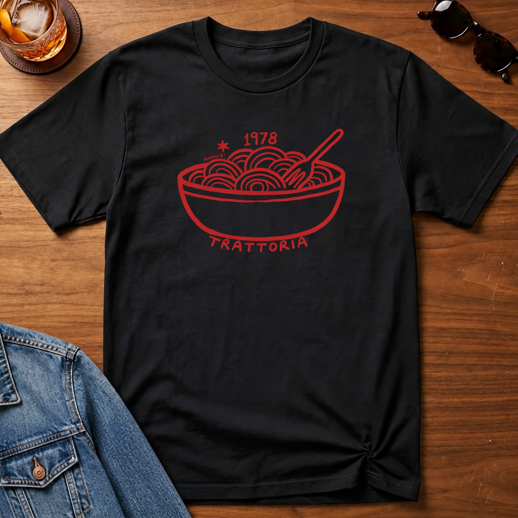 Trattoria 1978 T-Shirt — Black B&T flat lay