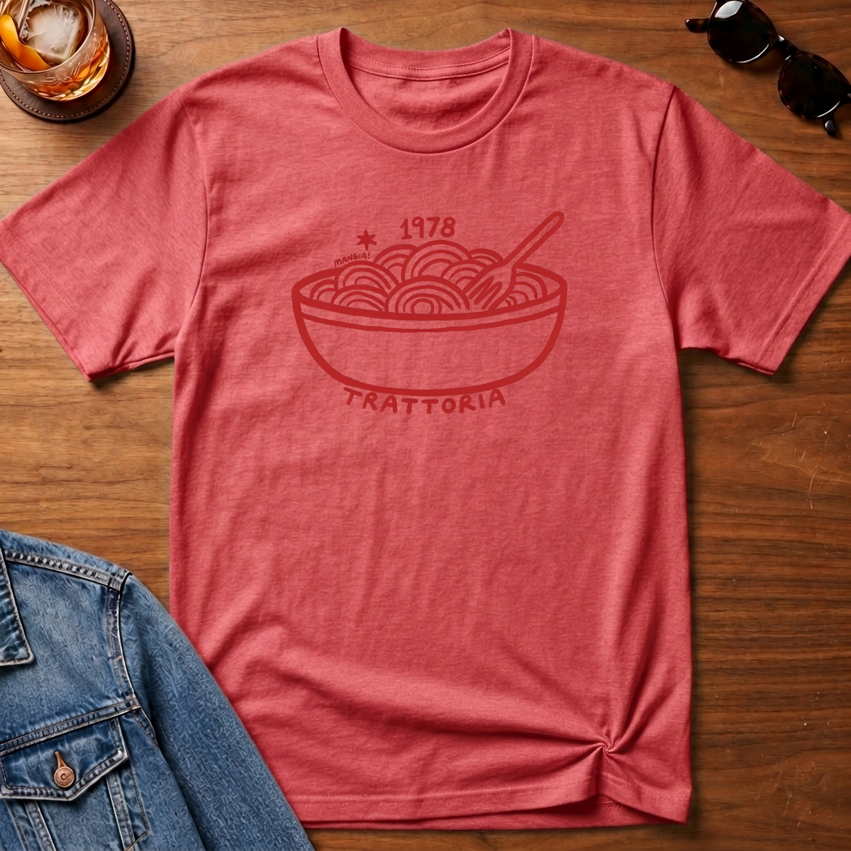 Trattoria 1978 T-Shirt — Heather Red B&T flat lay