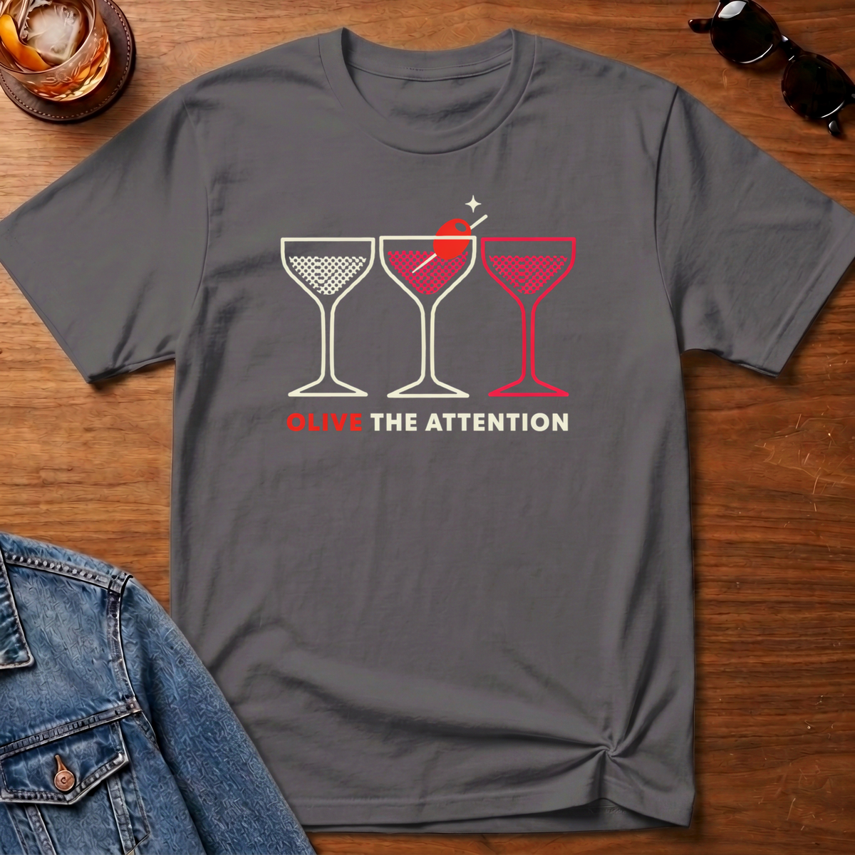 Olive the Attention T-Shirt — Charcoal B&T flat lay
