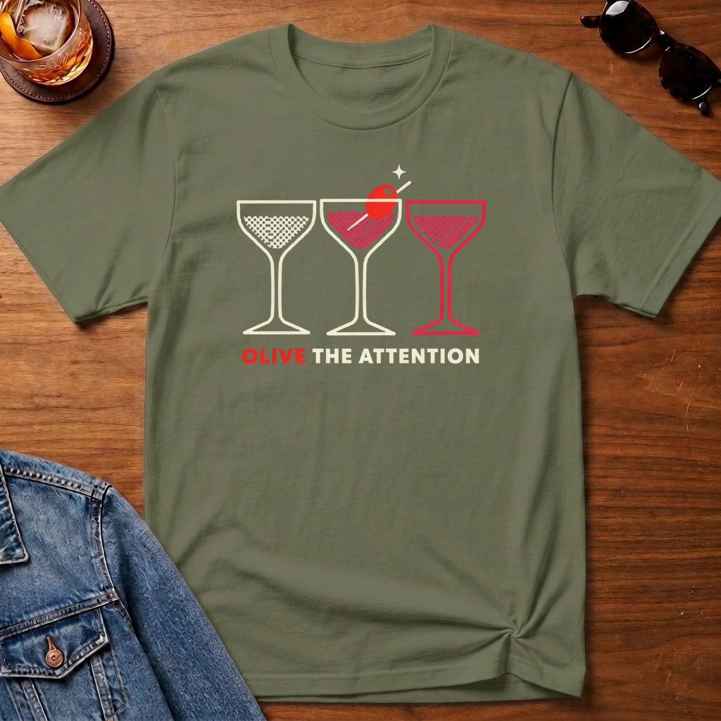 Olive the Attention T-Shirt — Military Green B&T flat lay