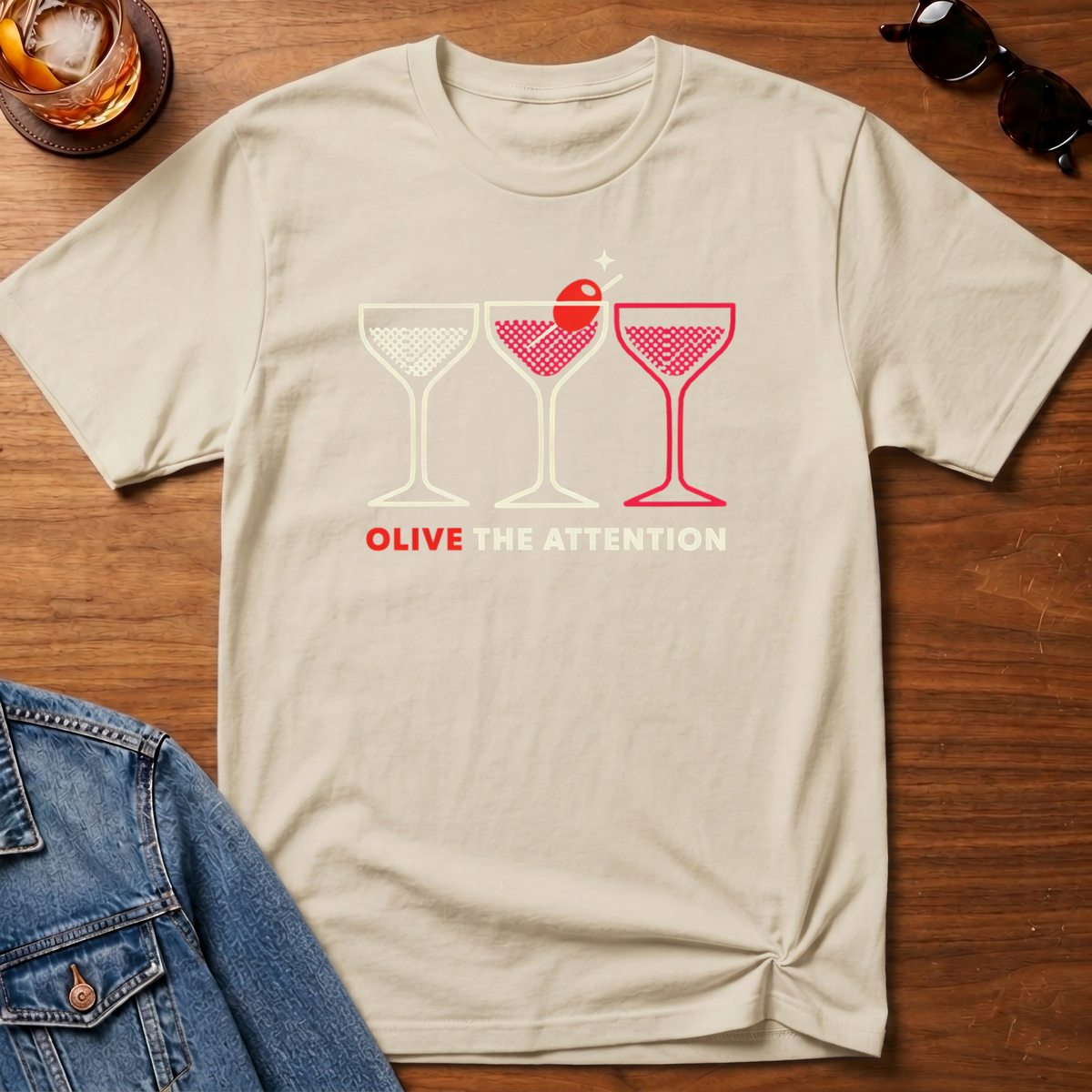 Olive the Attention T-Shirt — Sand B&T flat lay