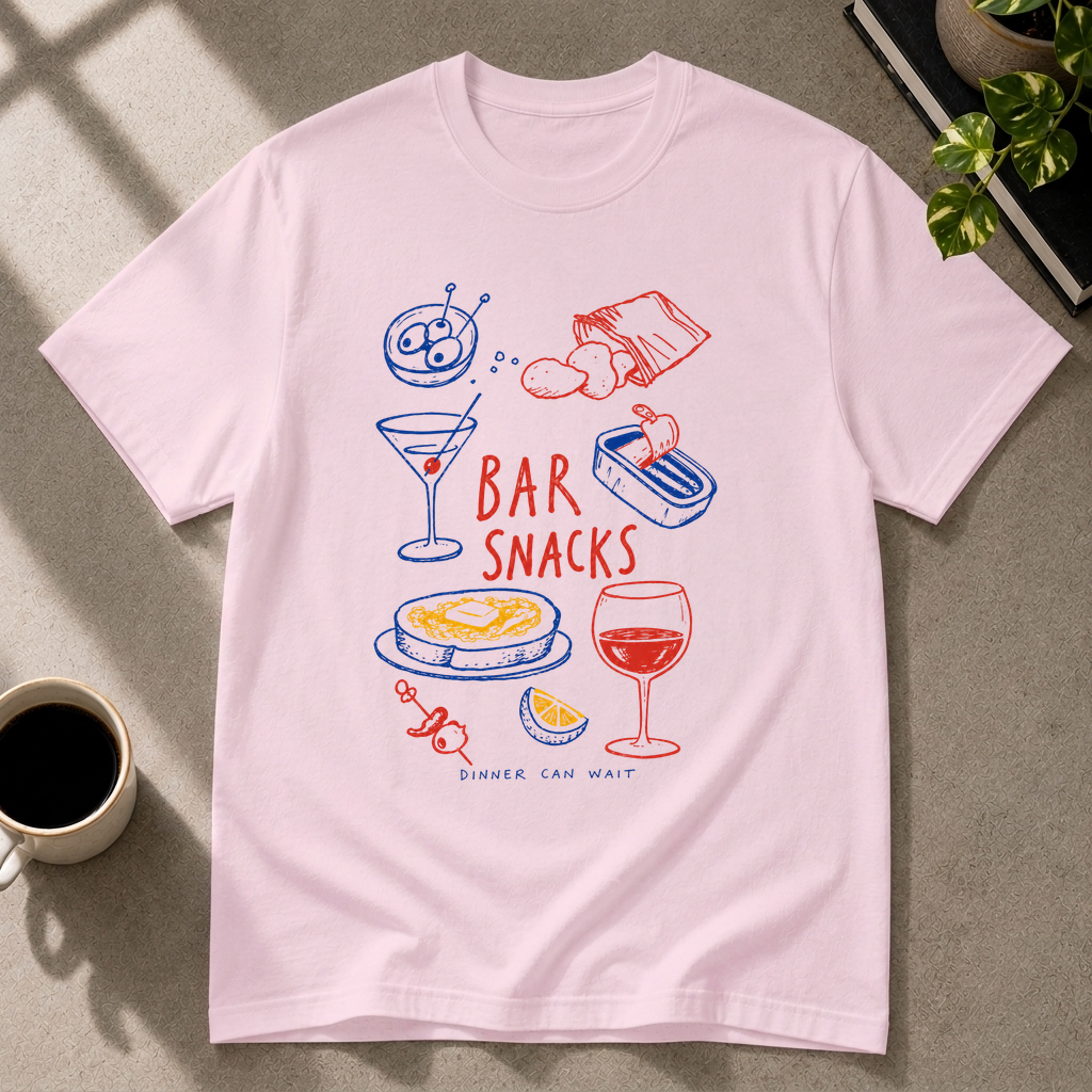 Bar snacks graphic T-shirt in light-pink by Butter & Tonic on 3xl tee by Butter & Tonic