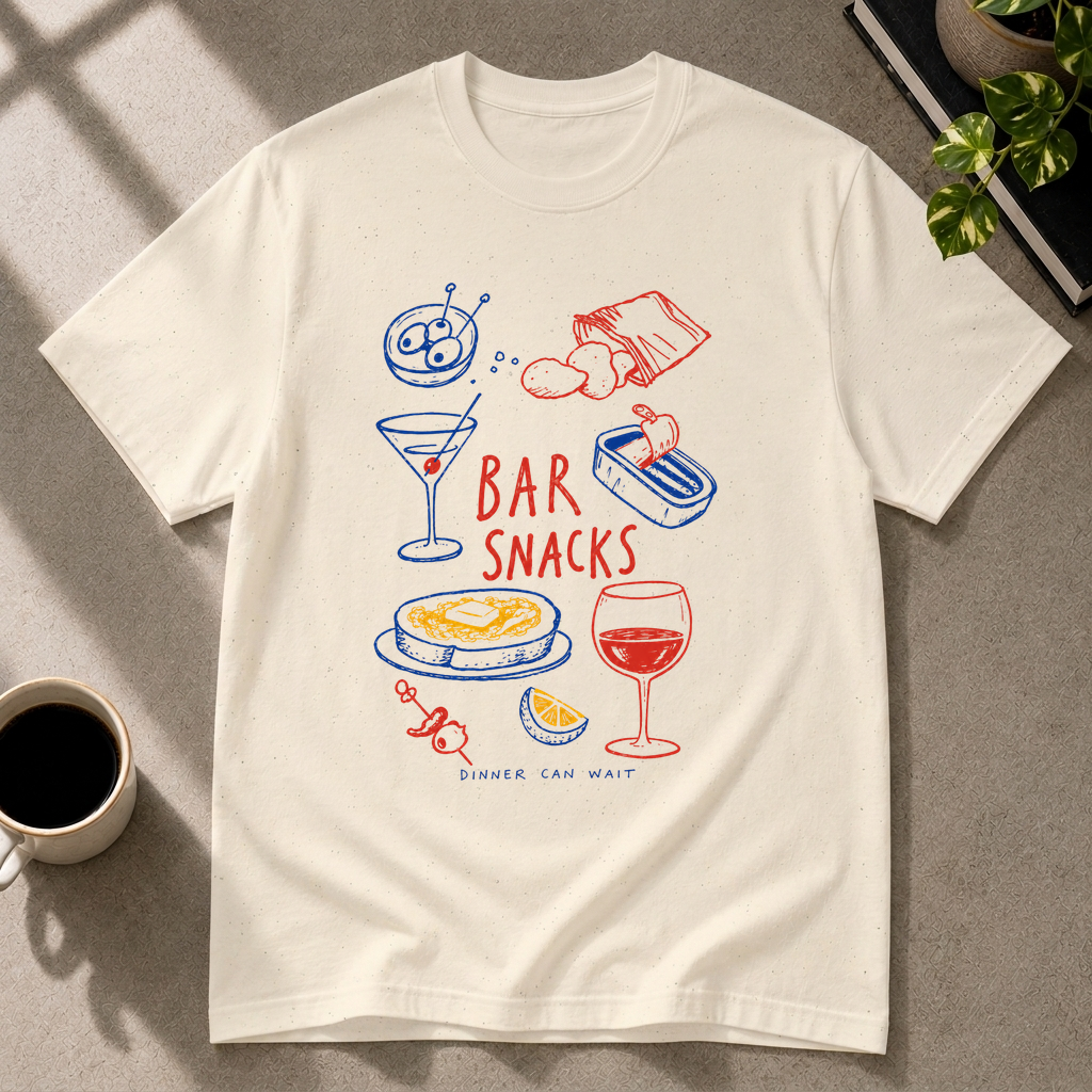 Bar snacks graphic T-shirt in natural by Butter & Tonic on xl tee by Butter & Tonic