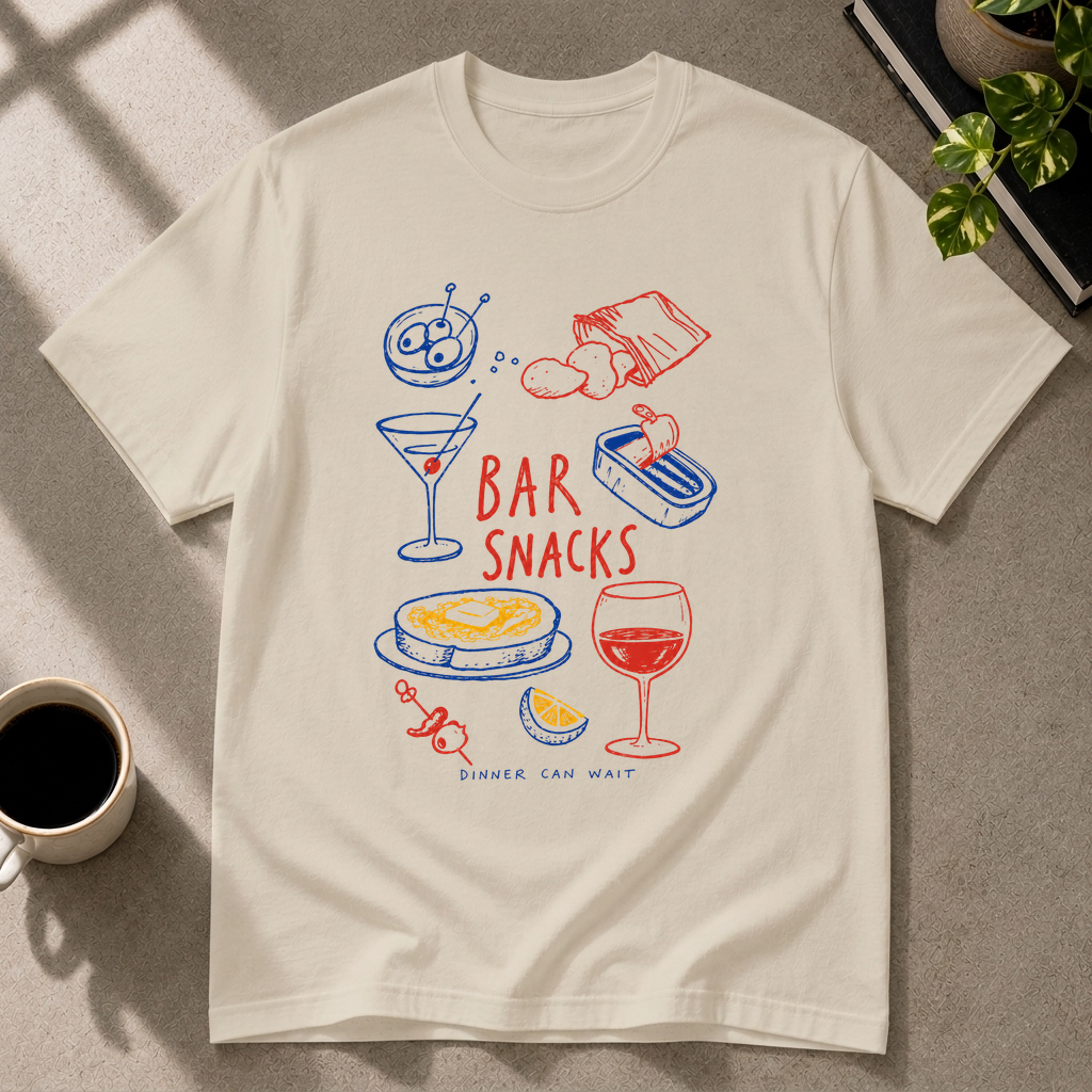 Bar snacks graphic T-shirt in sand by Butter & Tonic on 2xl tee by Butter & Tonic