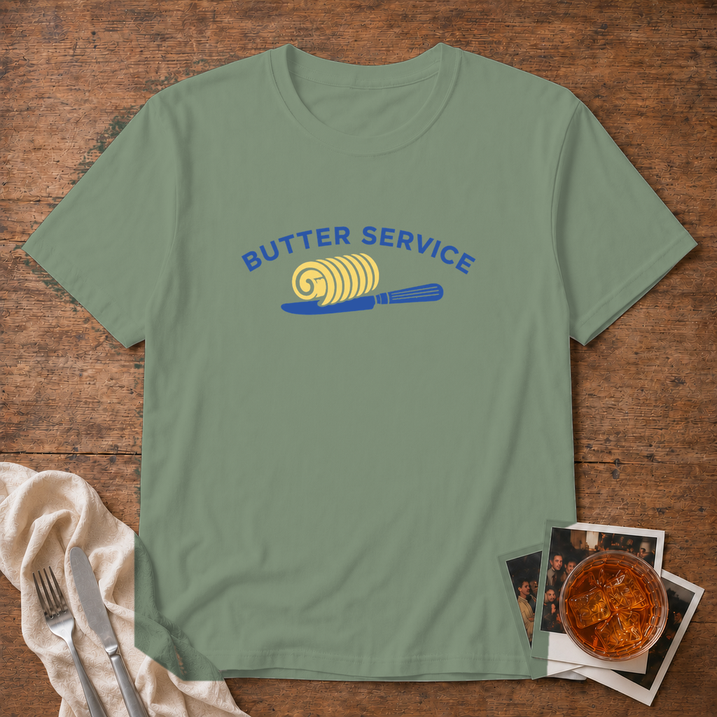 Butter Service graphic T-shirt in carolina-blue by Butter & Tonic