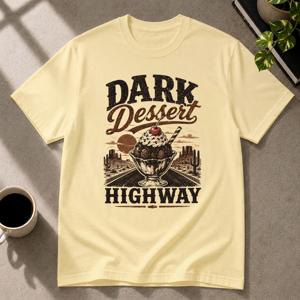 Dark Dessert Highway graphic T-shirt in cornsilk by Butter & Tonic on s tee by Butter & Tonic