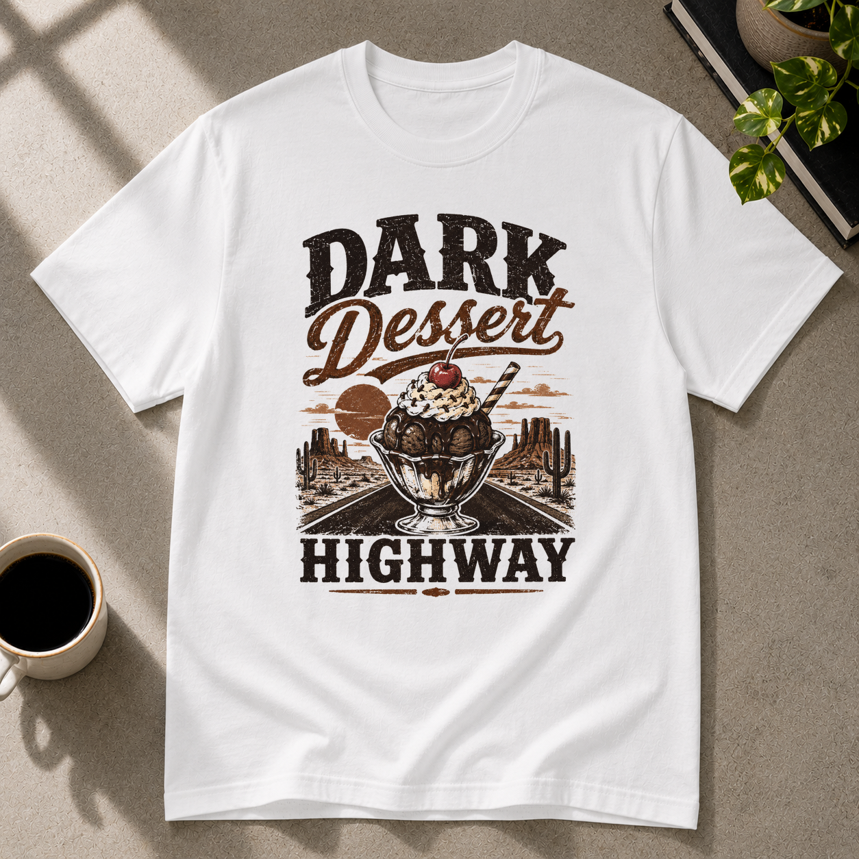Dark Dessert Highway graphic T-shirt in white by Butter & Tonic on s tee by Butter & Tonic