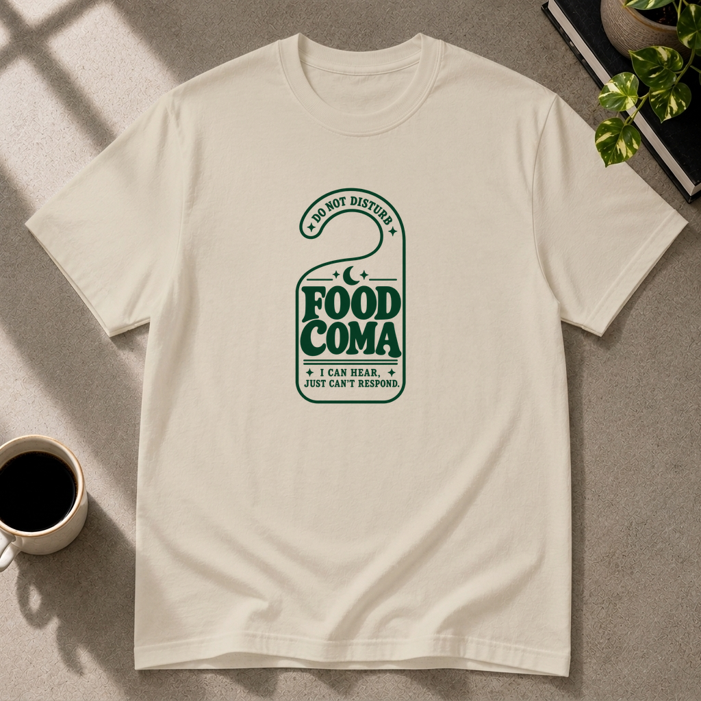 Food Coma graphic T-shirt in sand by Butter & Tonic on m tee by Butter & Tonic