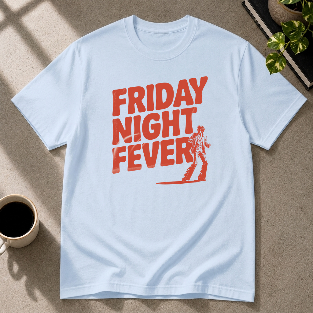 Friday Night Fever graphic T-shirt in light-blue by Butter & Tonic on l tee by Butter & Tonic