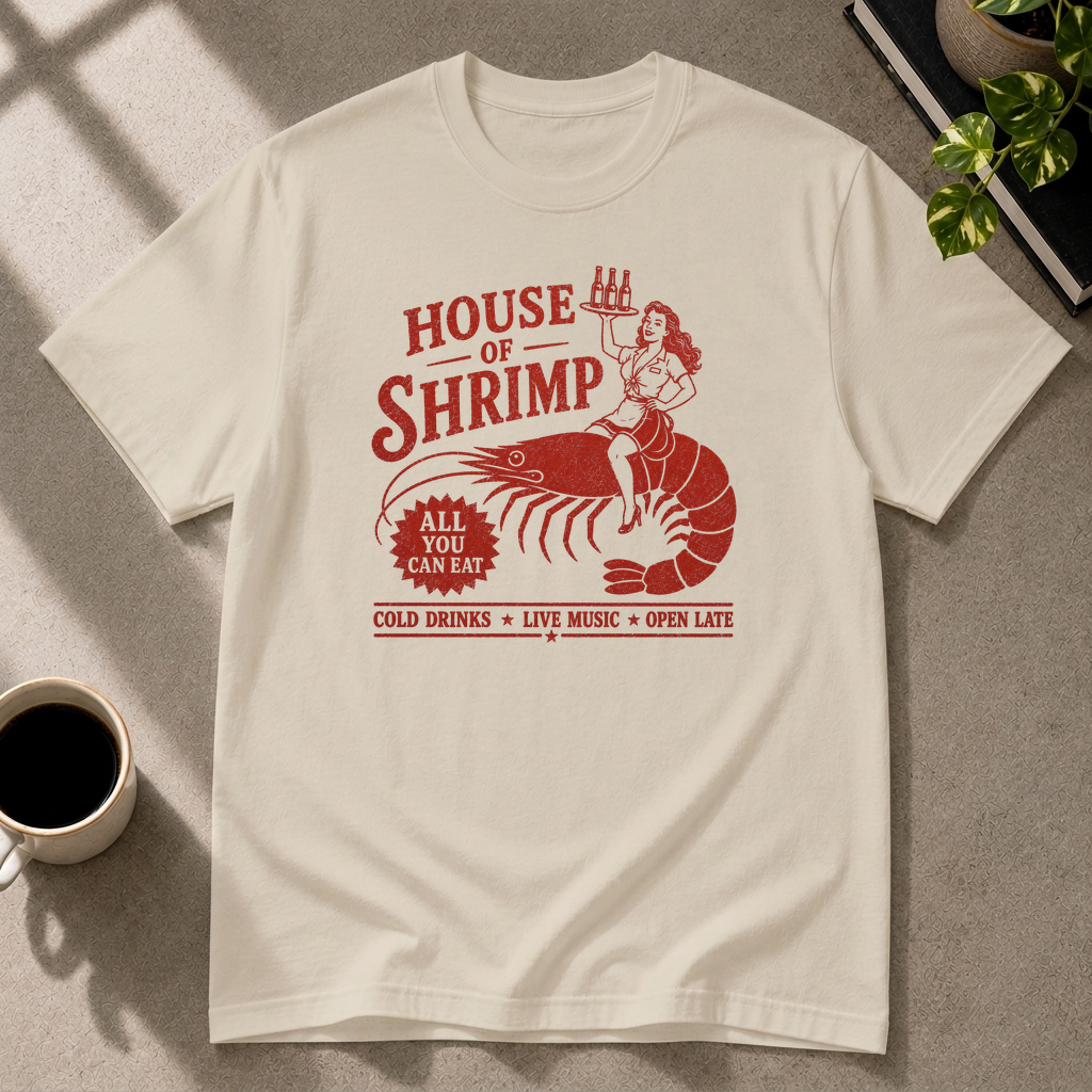 Shrimp graphic T-shirt in sand by Butter & Tonic on xl tee by Butter & Tonic