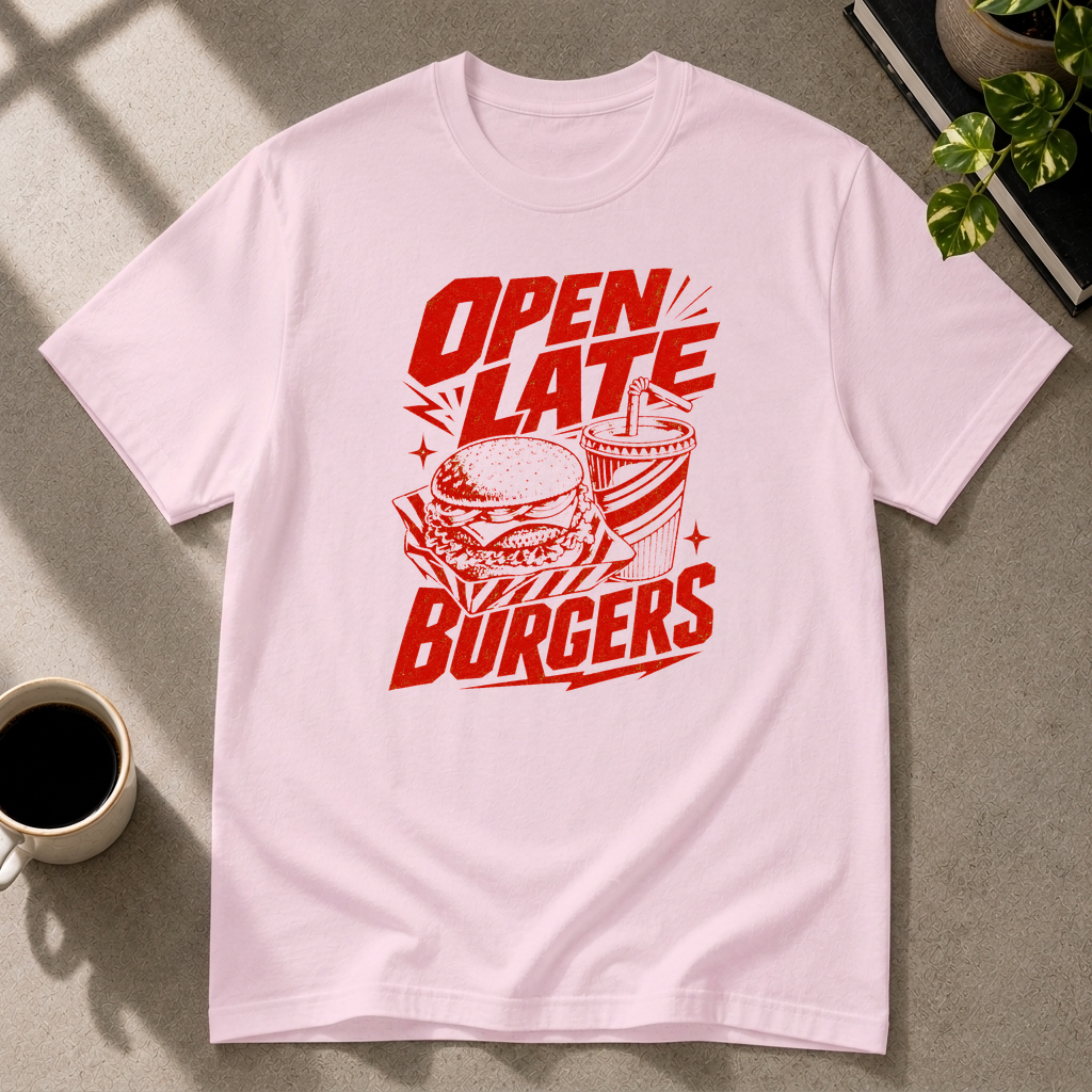 Burger graphic T-shirt in light-pink by Butter & Tonic on 2xl tee by Butter & Tonic
