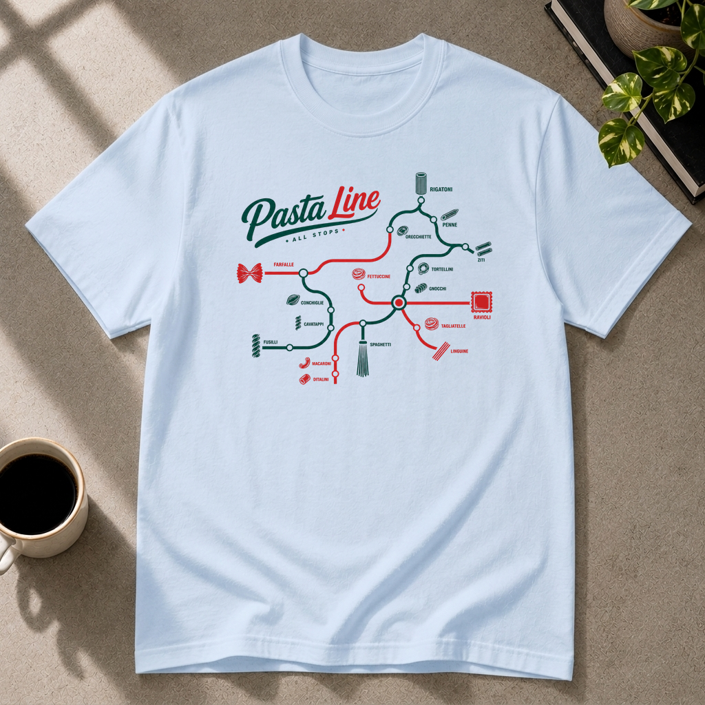 Pasta graphic T-shirt in light-blue by Butter & Tonic on m tee by Butter & Tonic