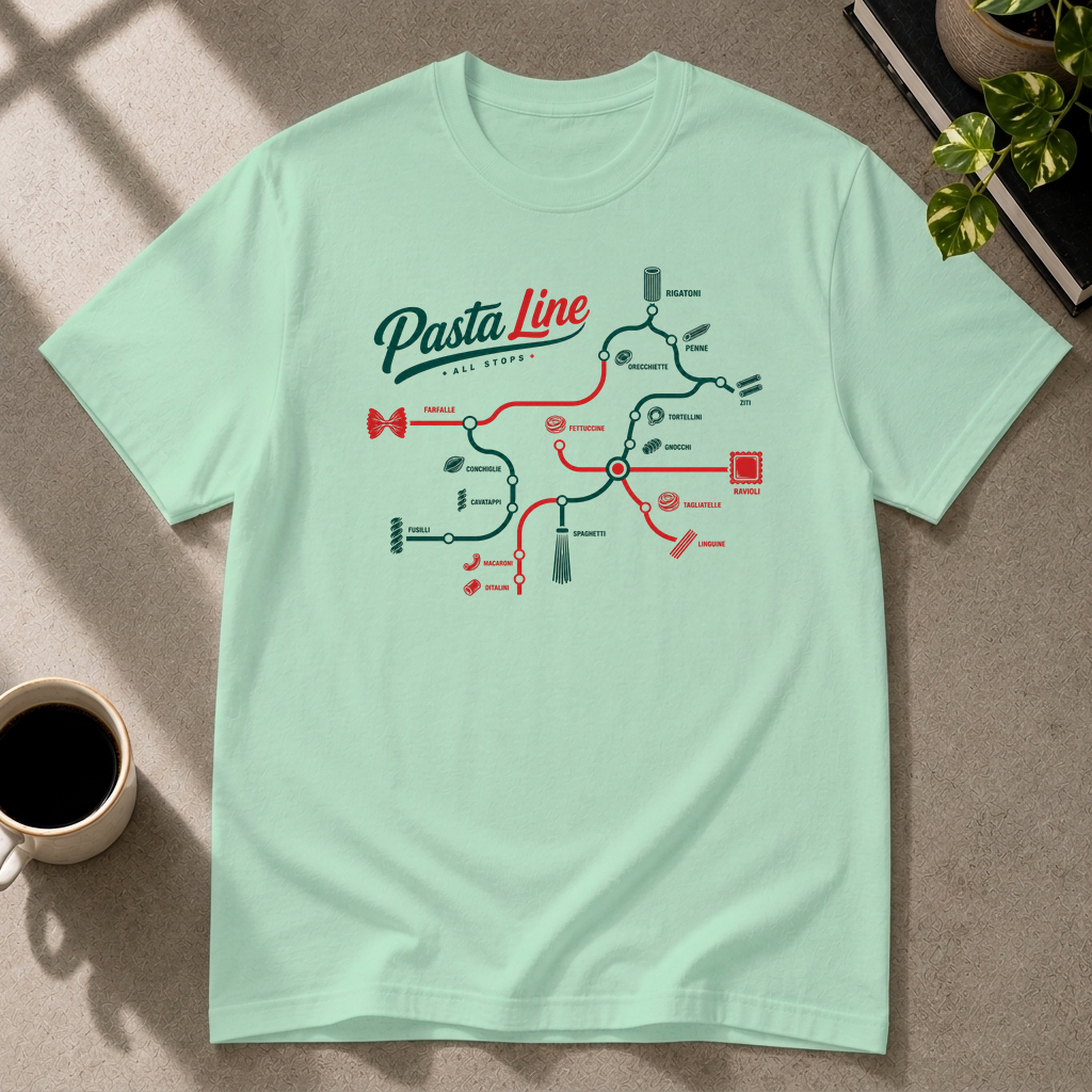 Pasta graphic T-shirt in mint-green by Butter & Tonic on 3xl tee by Butter & Tonic