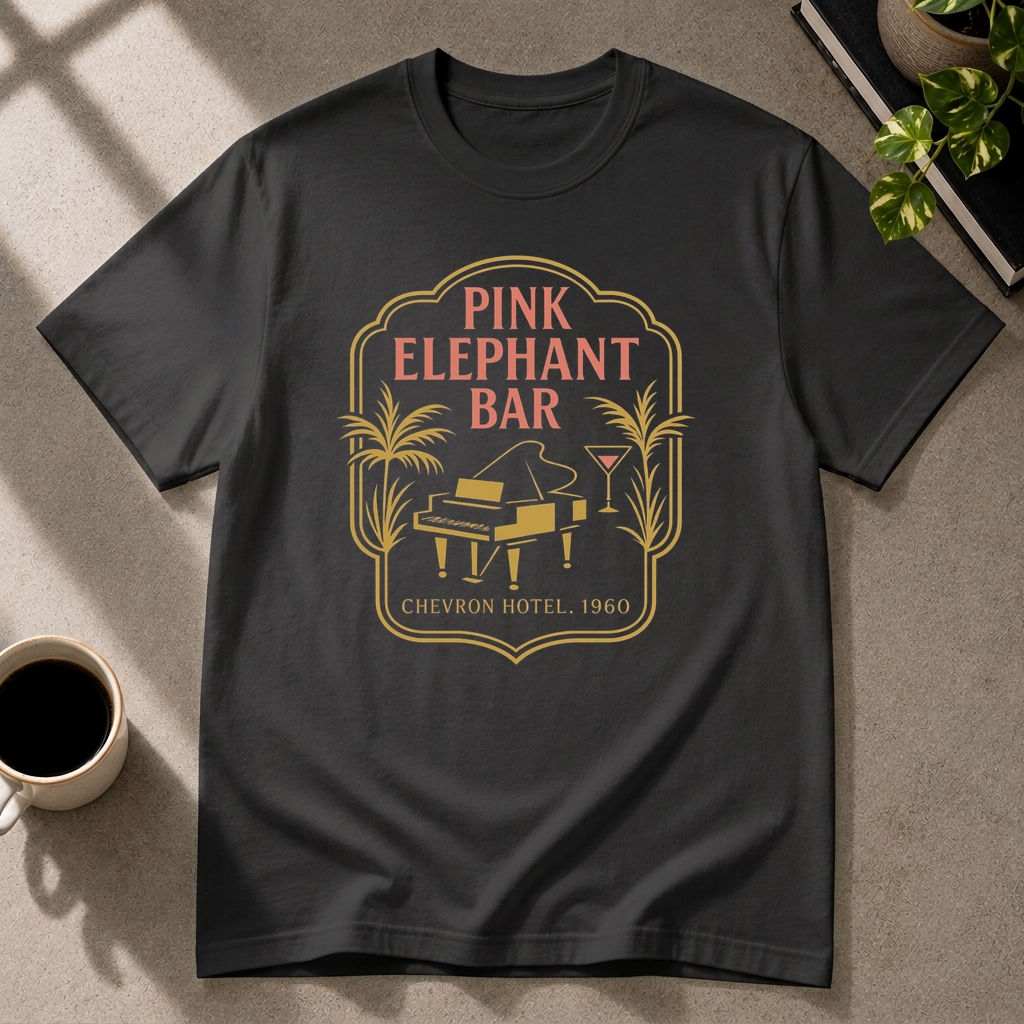 Pink Elephant Bar graphic T-shirt in black by Butter & Tonic on s tee by Butter & Tonic