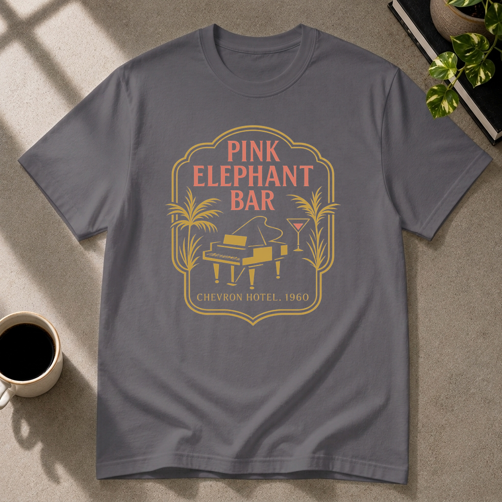Pink Elephant Bar graphic T-shirt in charcoal by Butter & Tonic on 2xl tee by Butter & Tonic