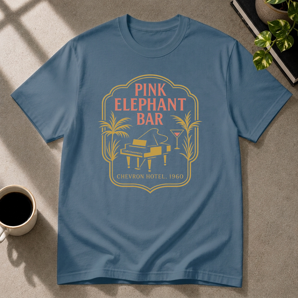 Pink Elephant Bar graphic T-shirt in indigo-blue by Butter & Tonic on xl tee by Butter & Tonic