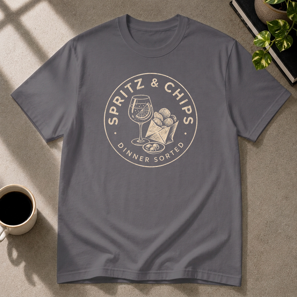 Spritz & Chips graphic T-shirt in charcoal by Butter & Tonic on m tee by Butter & Tonic