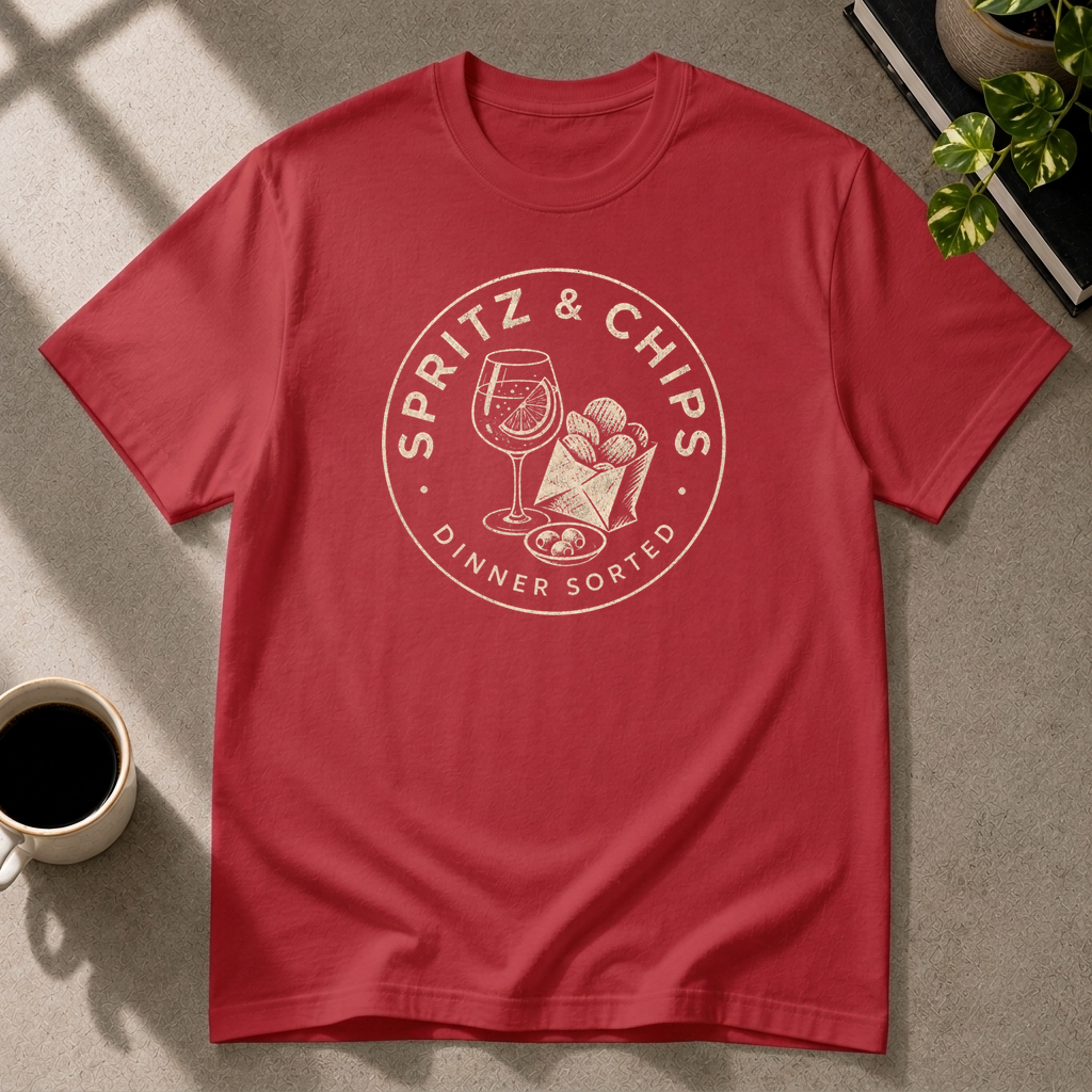 Spritz & Chips graphic T-shirt in cherry-red by Butter & Tonic on 2xl tee by Butter & Tonic