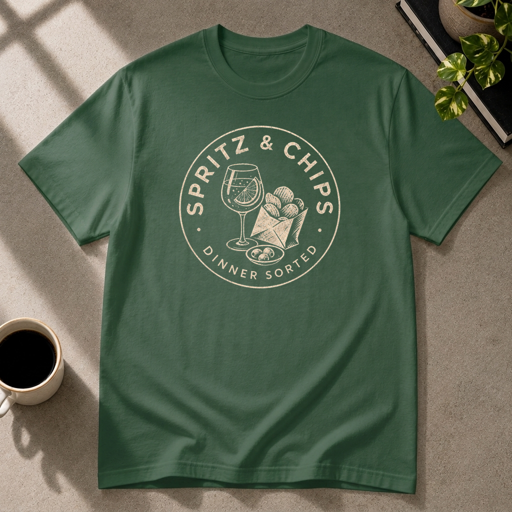 Spritz & Chips graphic T-shirt in forest-green by Butter & Tonic on xl tee by Butter & Tonic