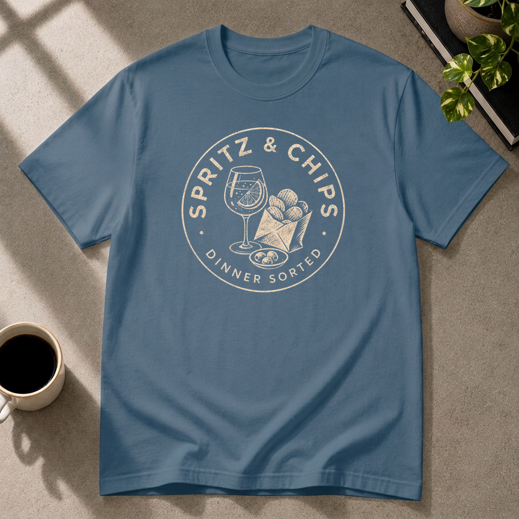 Spritz & Chips graphic T-shirt in indigo-blue by Butter & Tonic on 3xl tee by Butter & Tonic