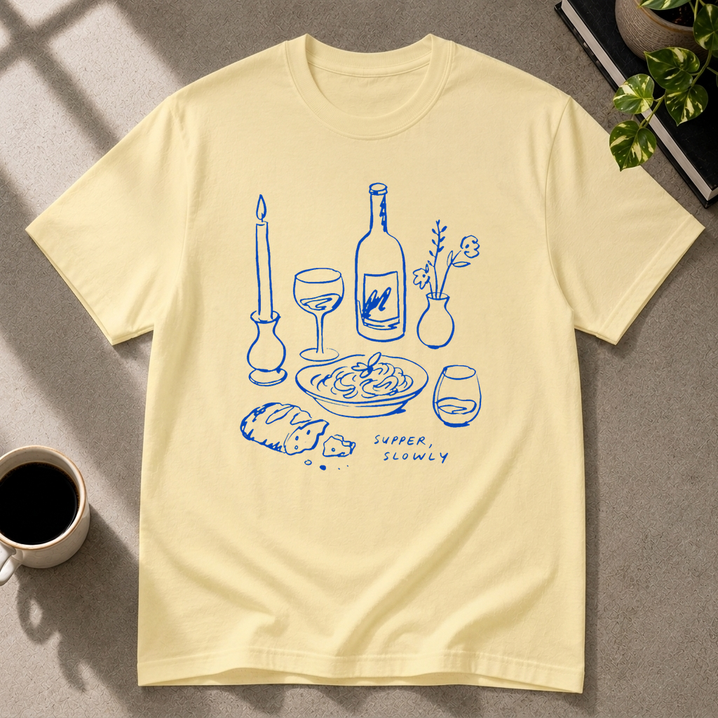 Supper Slowly graphic T-shirt in cornsilk by Butter & Tonic on l tee by Butter & Tonic