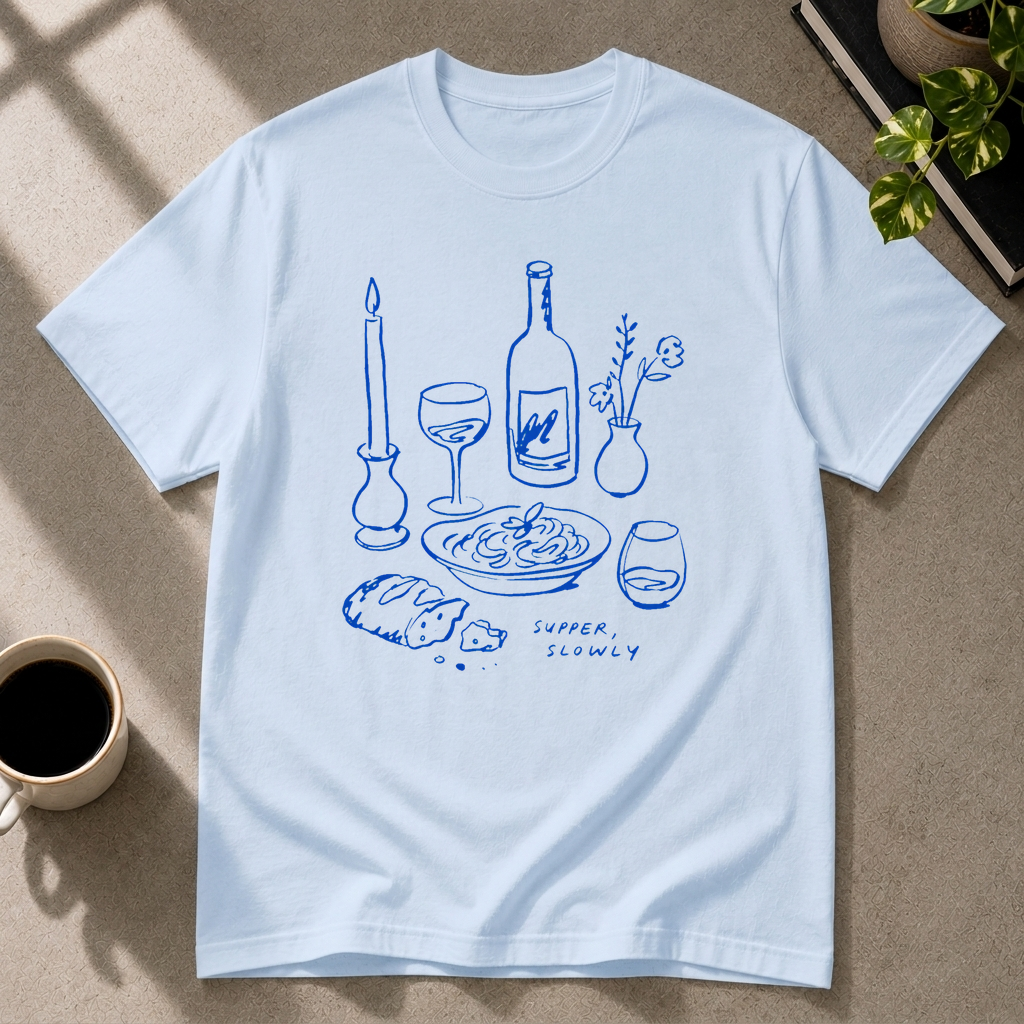 Supper Slowly graphic T-shirt in light-blue by Butter & Tonic on m tee by Butter & Tonic