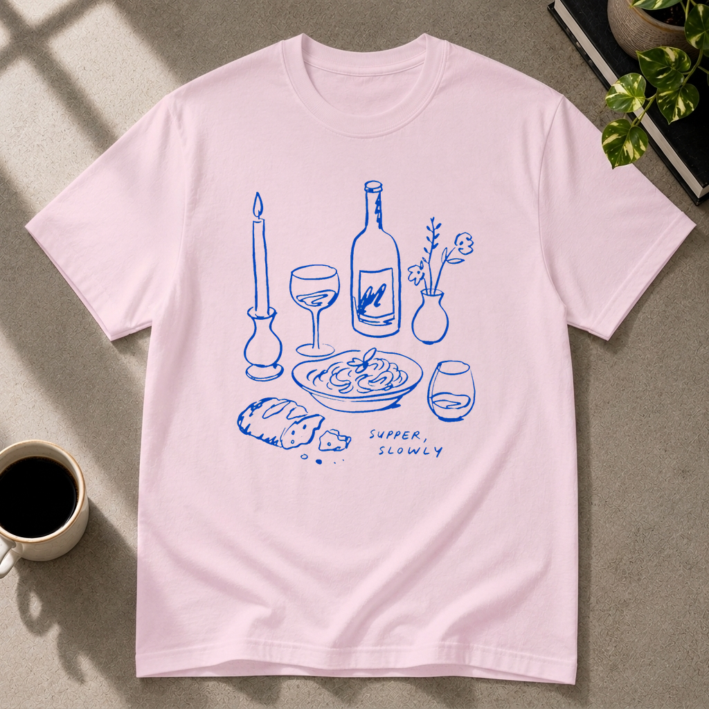 Supper Slowly graphic T-shirt in light-pink by Butter & Tonic on s tee by Butter & Tonic
