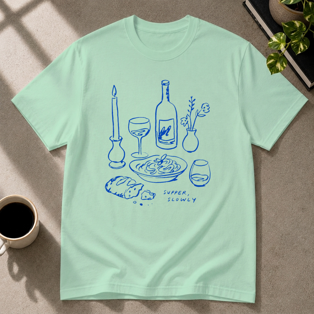 Supper Slowly graphic T-shirt in mint-green by Butter & Tonic on 3xl tee by Butter & Tonic