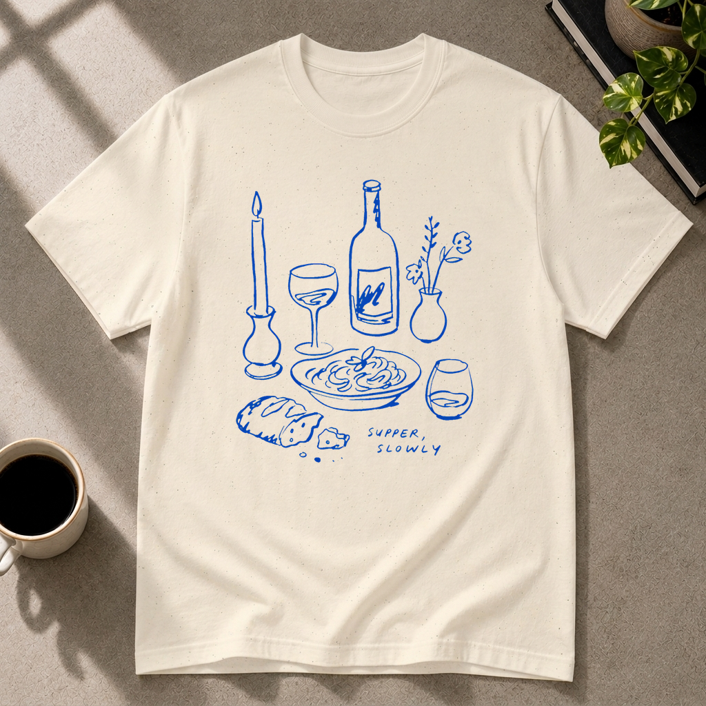 Supper Slowly graphic T-shirt in natural by Butter & Tonic on xl tee by Butter & Tonic