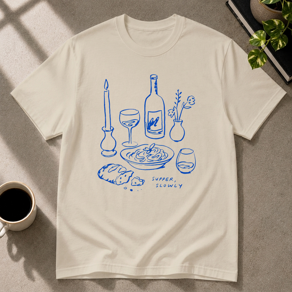 Supper Slowly graphic T-shirt in sand by Butter & Tonic on 2xl tee by Butter & Tonic