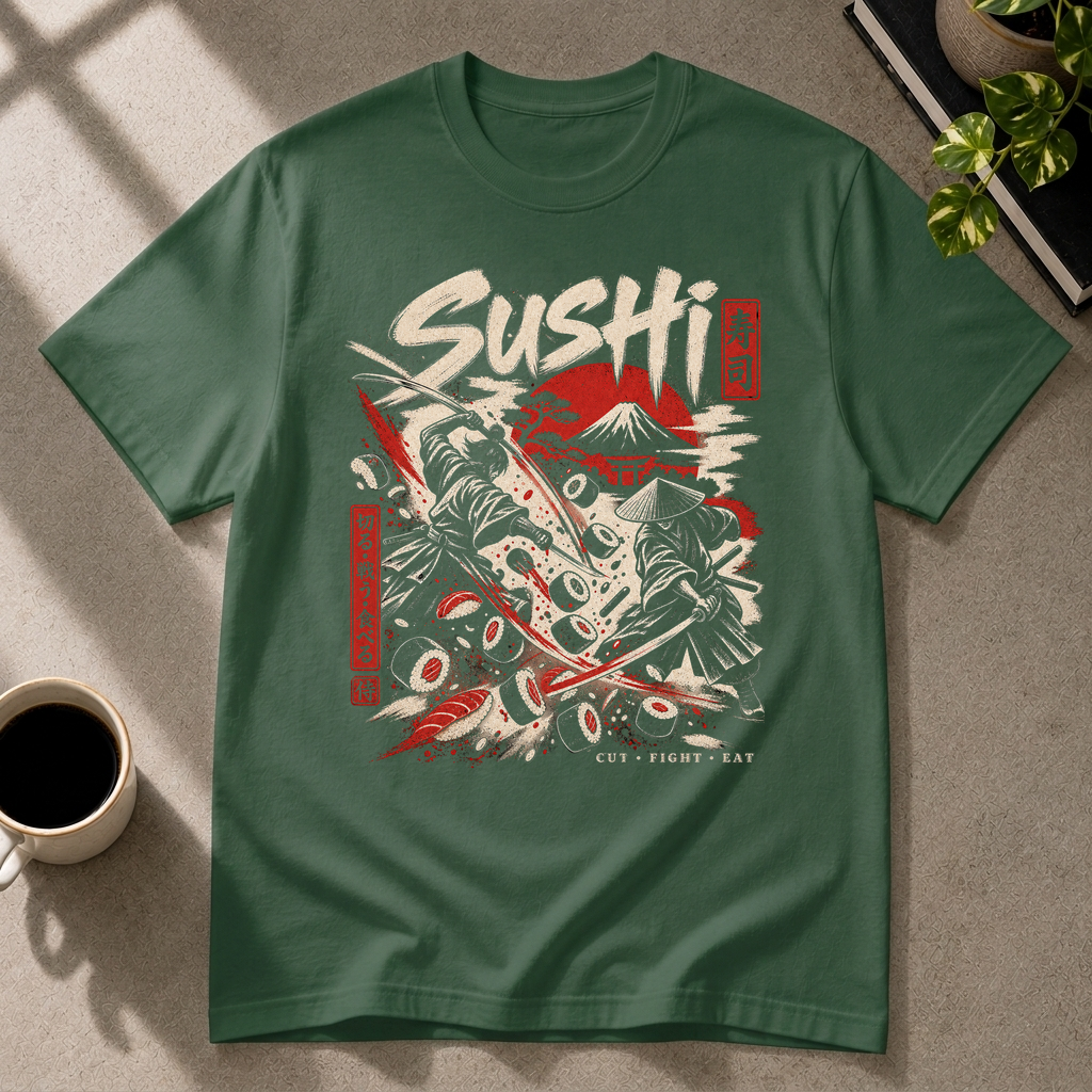 Sushi graphic T-shirt in forest-green by Butter & Tonic on xl tee by Butter & Tonic