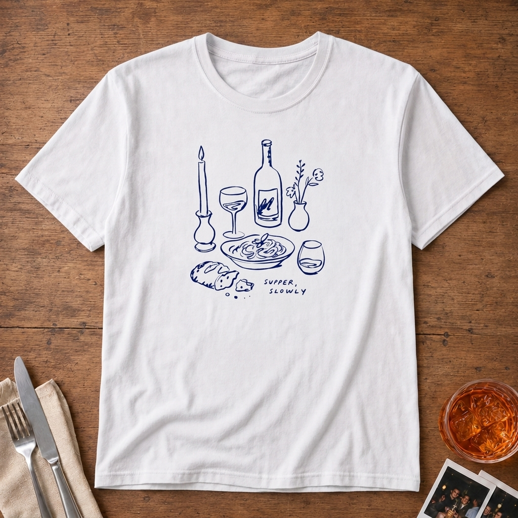 Supper Slowly graphic T-shirt in white by Butter & Tonic