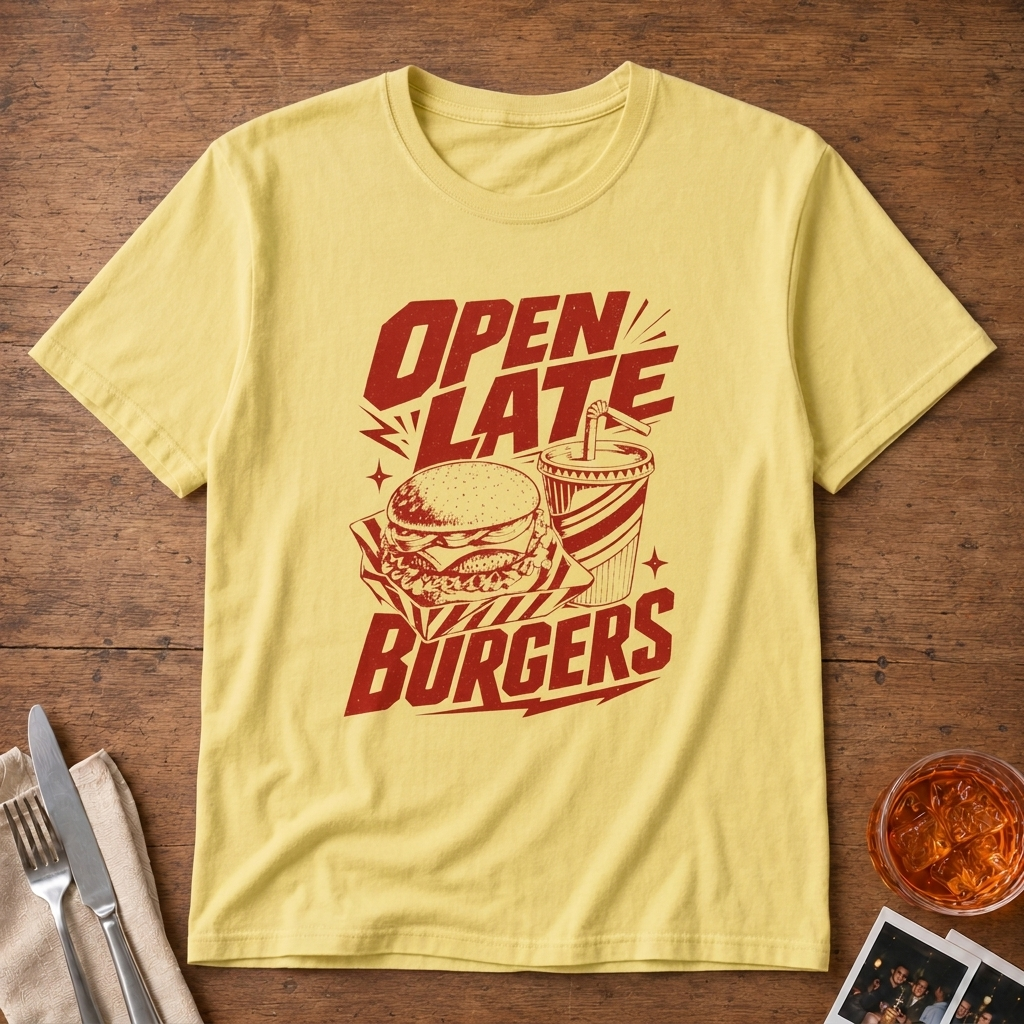 Open Late Burgers graphic T-shirt in sport-grey by Butter & Tonic
