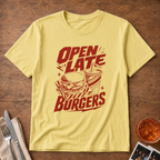 Open Late Burgers graphic T-shirt in sport-grey by Butter & Tonic