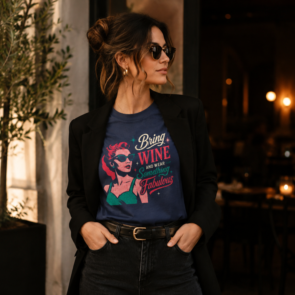Navy Bring Wine and Wear Something Fabulous graphic T-shirt
