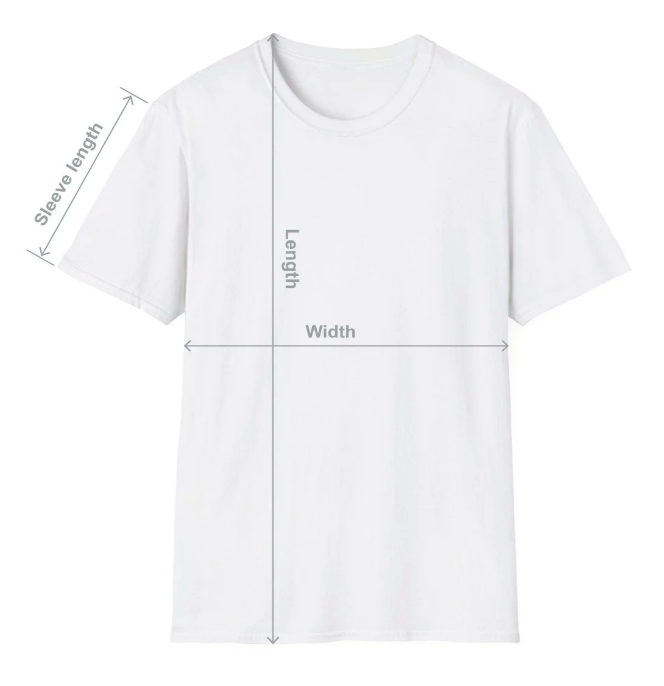 Blank T-shirt showing width, length and sleeve length measurement points