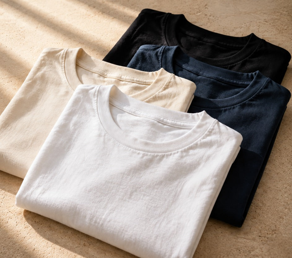 Premium folded Butter & Tonic tees showing soft ring-spun cotton, dense stitching and a modern classic fit